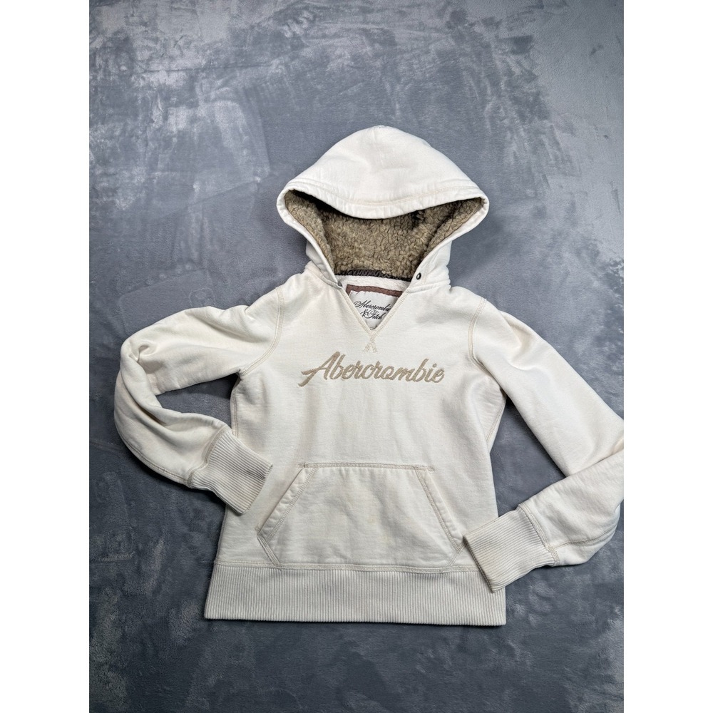 Abercrombie & Fitch Hoodie Womens Large Beige Sherpa Lined Embroidered Logo Y2k